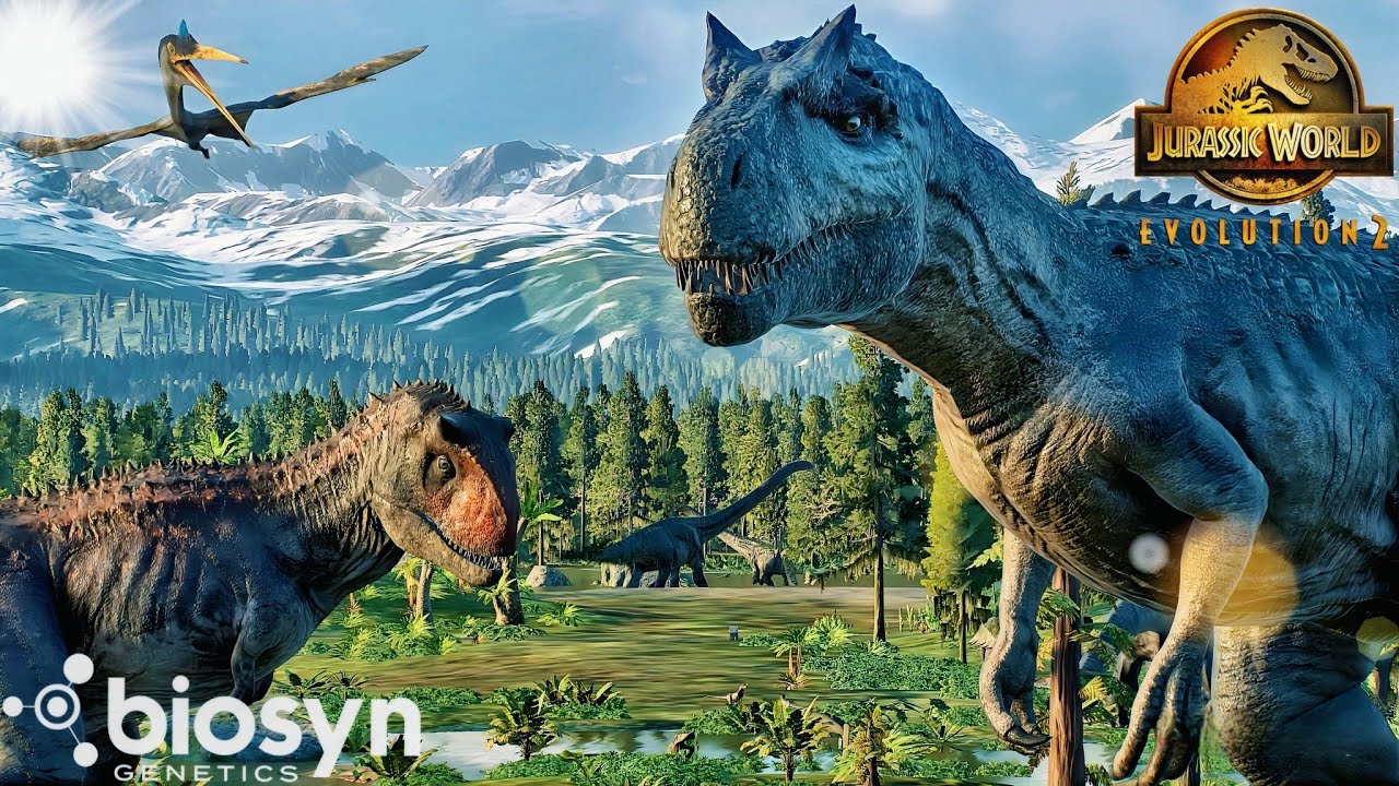 Biosyn sanctuary - Big rock"Allosaurus and Carnotaurus in The valley, jurassic world evolution