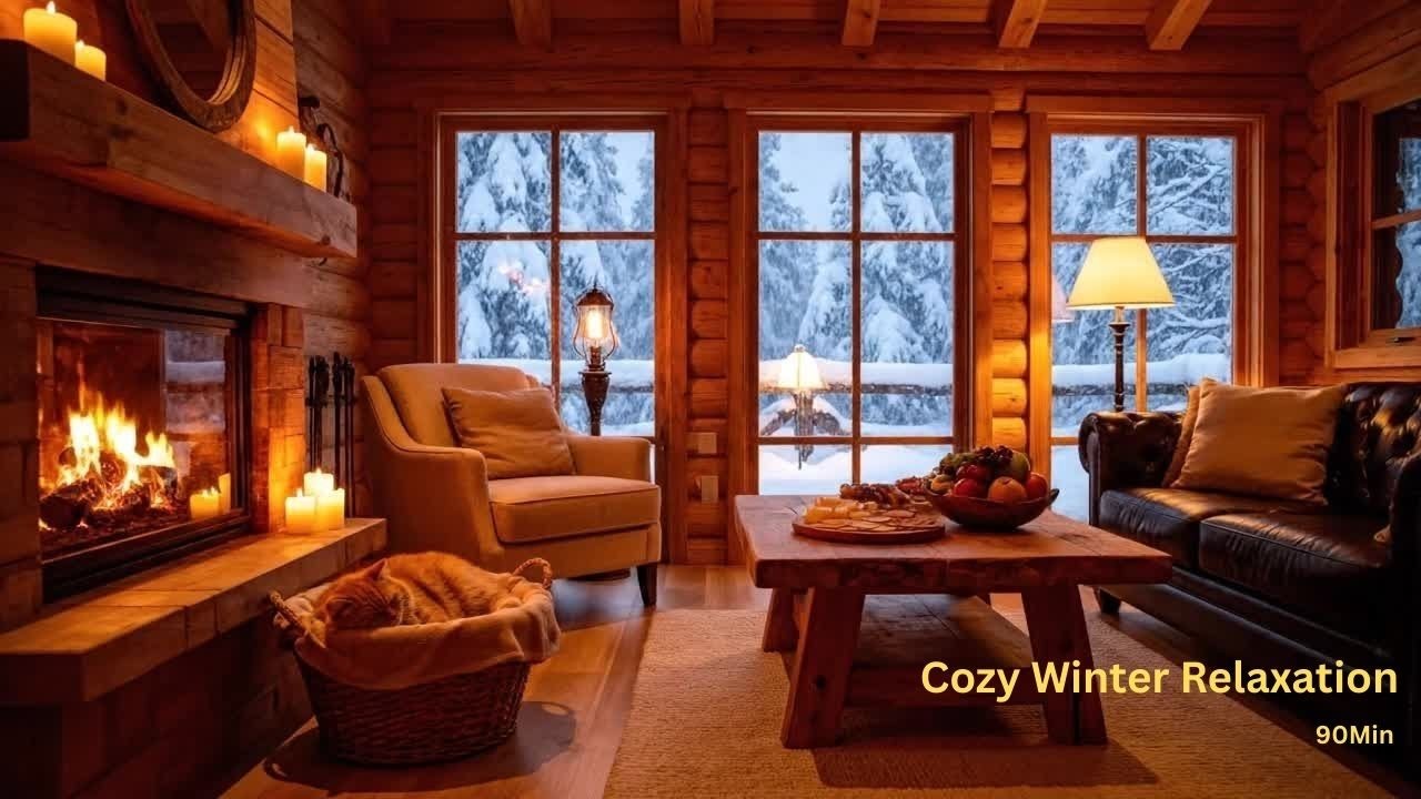 90 Minutes Cozy Fireplace & Winter Snow ❄️ Relaxing Ambience for Sleep, Study & Meditation