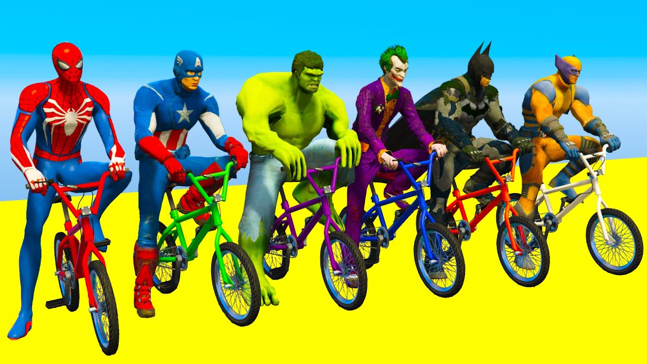 GTA 5 Stunts Challenge with Spiderman Jump on Bicycle and Superheroes