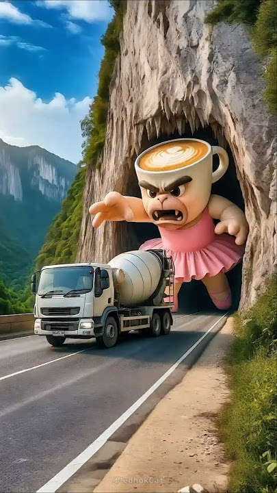 Evolution from a giant panda chasing a mixer truck to an angry Ballerina Cappuccina on a cliff road