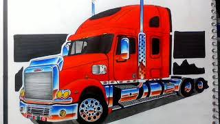 Dibujando un Freightliner Coronado Rojo.  / Ángel Morales / Dibujos De Trailers