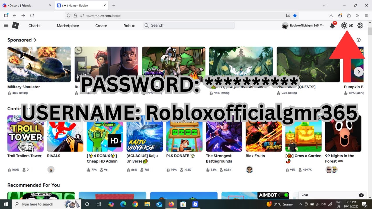 FREE ROBLOX ACCOUNT WITH 5K! ROBUX!! NOTE: (THIS ACCOUNT IS VALID TILL ...