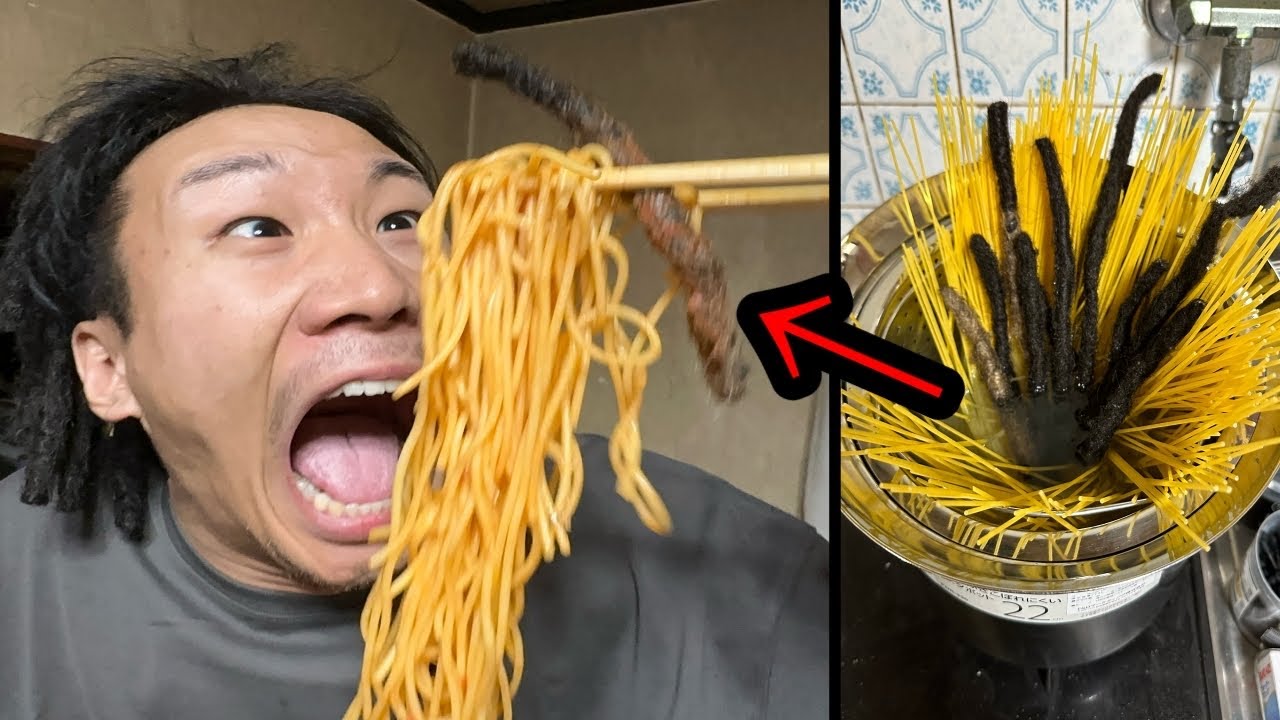 MYの髪の毛を寝てる間に切ってパスタにしてみた【ドッキリ】