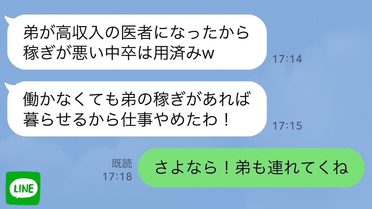 【LINE】親の借金のため中卒で働いて俺が学費を出した弟が医者になった途端に無職になった毒親「弟が養ってくれるからお前は絶縁w」→速攻で絶縁してやった結果…