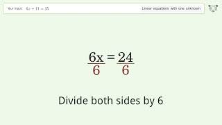 Solve 6x+11=35: Linear Equation Video Solution | Tiger Algebra