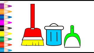 Cleaning Tools drawing and coloring | How to drawing a broom | trash bin drawing ideas screenshot 5