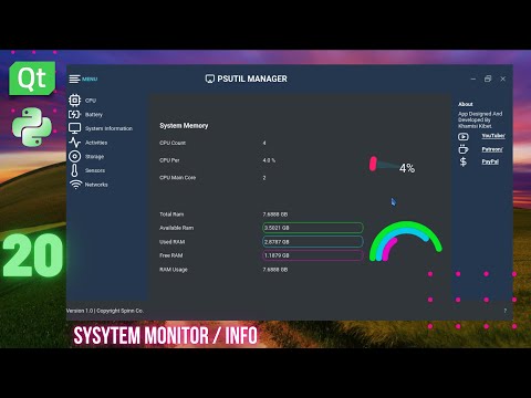 #20 Desktop App To Monitor All System Information | Python | PYQT | PYSIDE2/6 | PSUTIL Modern GUI UI
