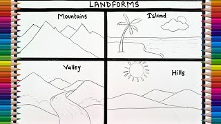 Different Types of Landforms Drawing | Landforms Drawing easy | How to Draw Mountains, Valley, Hills