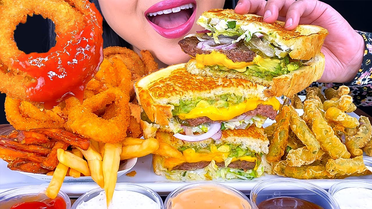 ASMR DOUBLE CHEESEBURGER, ONION RINGS, TEMPURA GREEN BEANS, FRIES