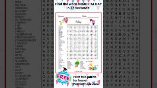 May Word Search-Find MEMORIAL DAY #wordsearch #wordgames #puzzlegame #wordpuzzle #memorialday