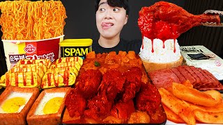 ASMR MUKBANG | Fire noodle, fried chicken, fried egg, spam, kimchi recipe ! eating