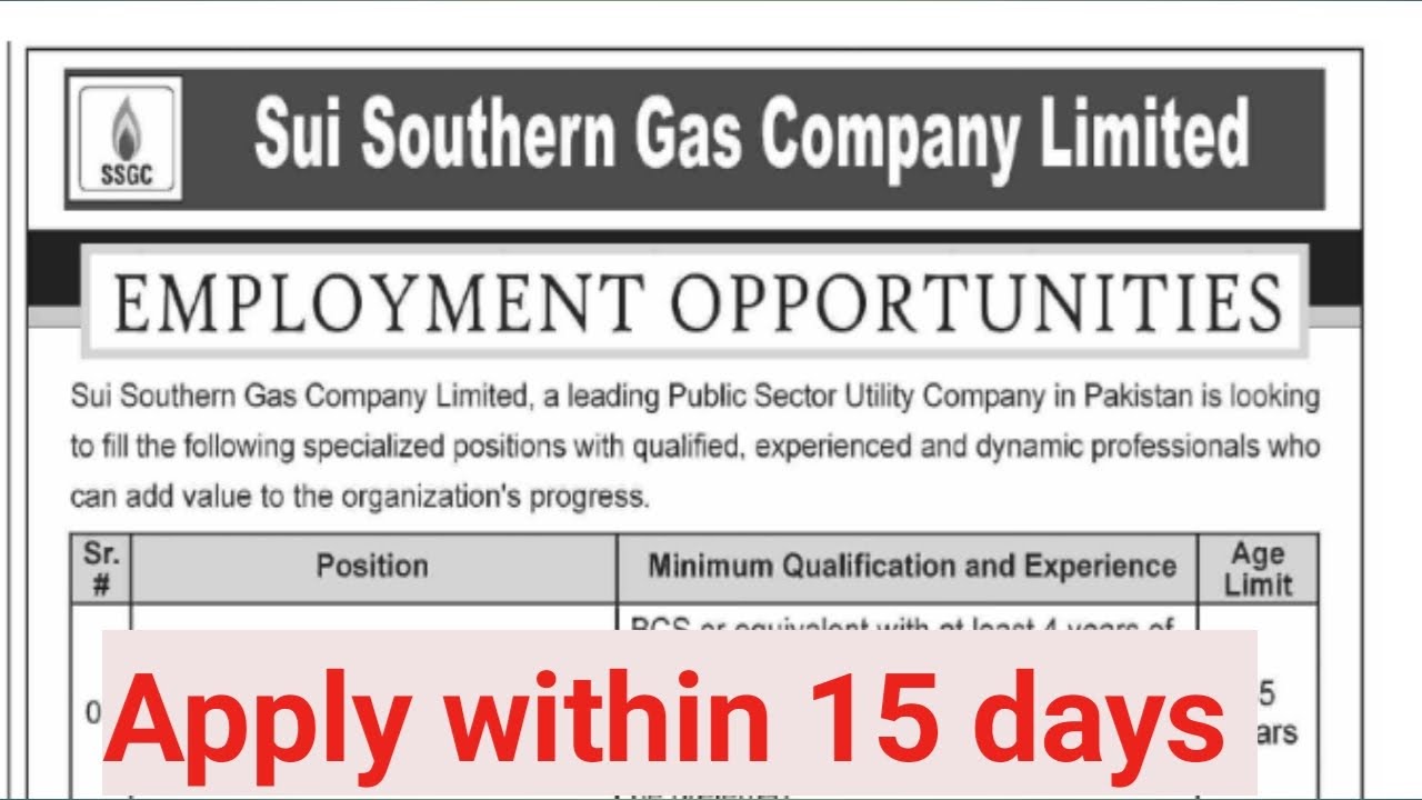 Sui Southern Gas Company Jobs SSGC Job opportunities Sui gas jobs