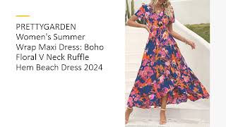 PRETTYGARDEN Women's Summer Wrap Maxi Dress: Boho Floral V Neck Ruffle Hem Beach Dress 2024