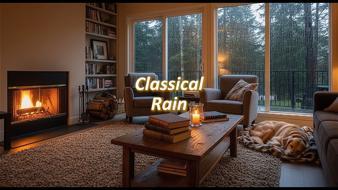 Soothing Classical Music - Rain, Crackling Fireplace, Sleeping Golden Retriever Dog