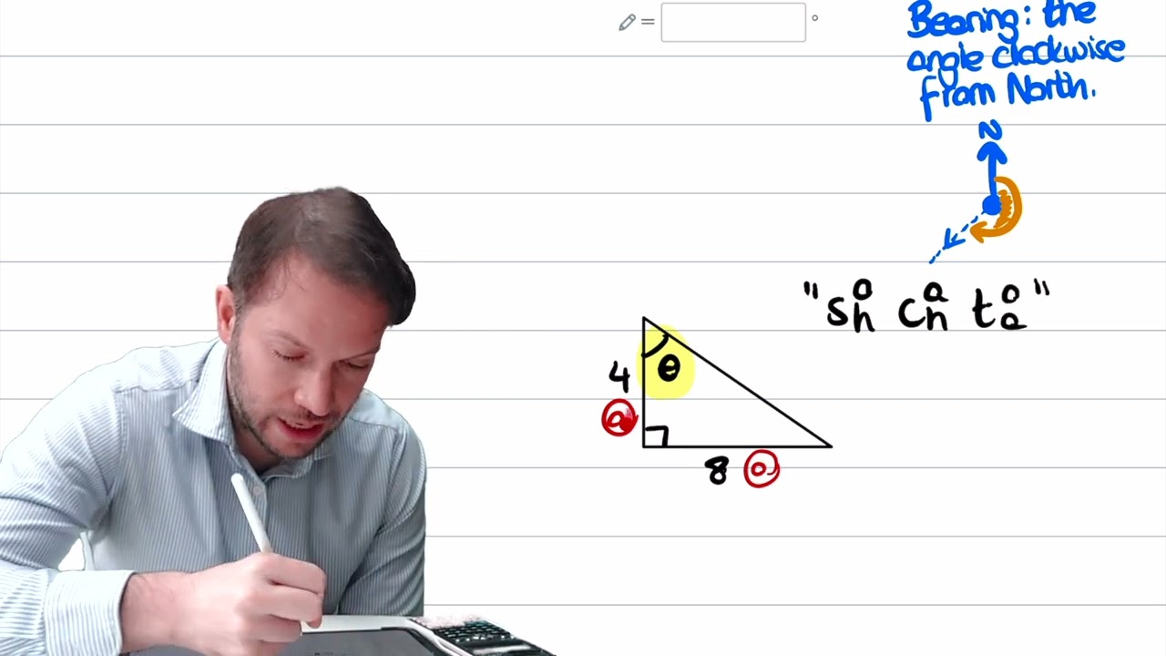 Use trigonometry to determine an angle in a bearings problem involving right-angled triangles (322n)