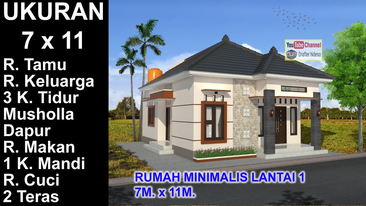 Modern House 7 x 11 3 K. Tidur. Desain Rumah Minimalis Lantai 1 - YouTube - Denah Rumah Ukuran 7x11 Dengan 3 Kamar Tidur