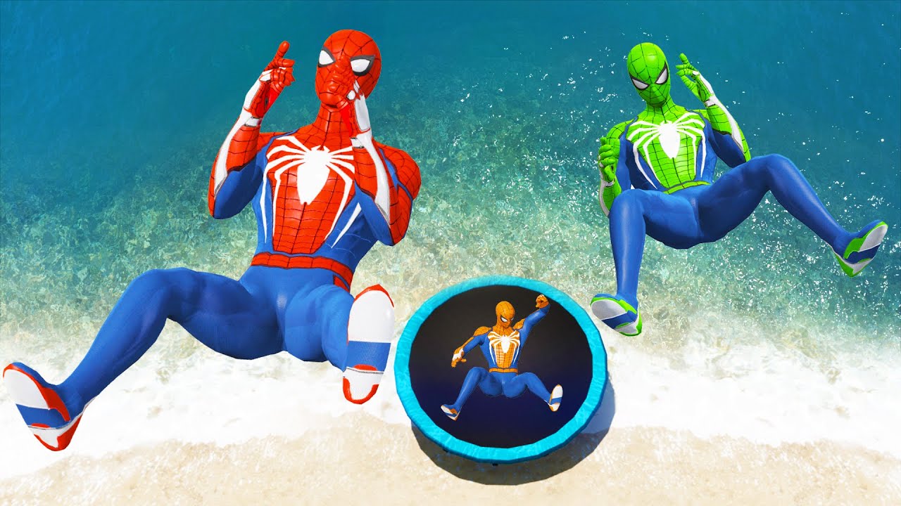 GTA 5 Spiderman vs Green Spiderman vs Yellow Spiderman vs Orange Spiderman Water Fails (Ragdolls)