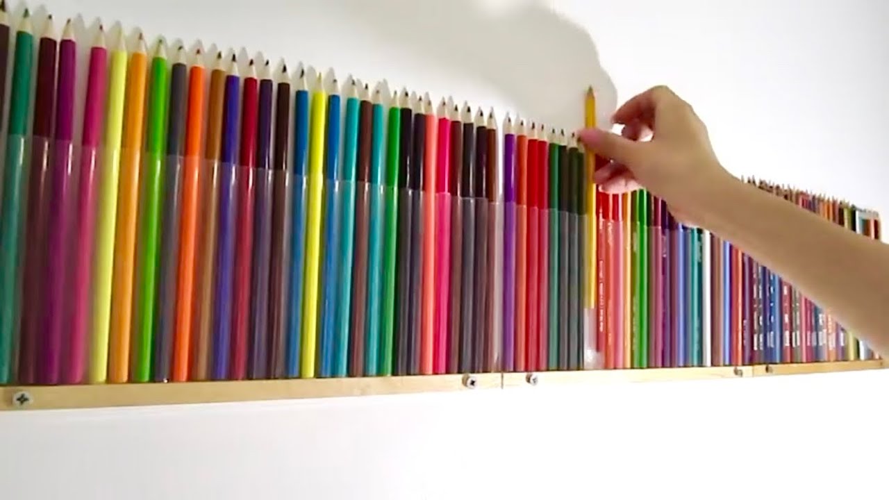 DIY shelves with colored pencils.  Colored pencil storage, Pencil storage,  Display case