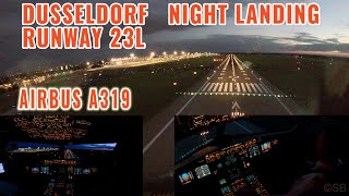 Dusseldorf (DUS): Airbus sunset/night approach and landing runway 23L | cockpit and pilots view | 4k