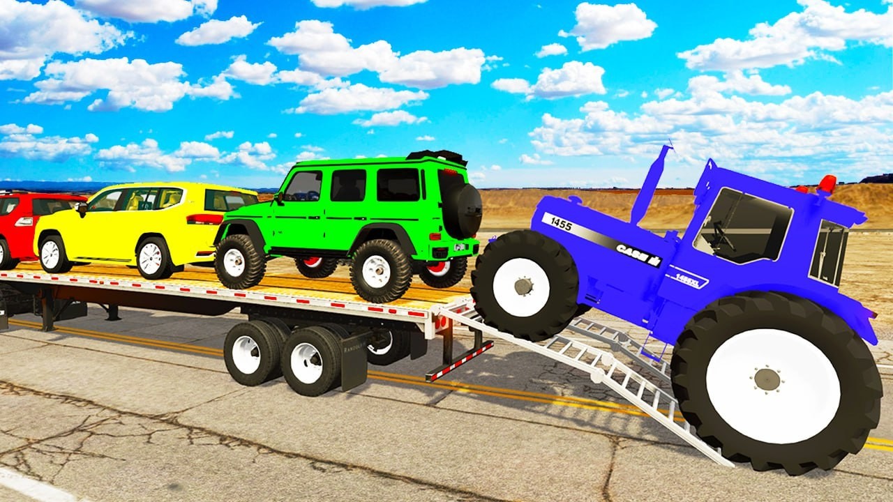 TRANSPORTING PIXAR CARS & FRUITS WITH COLORED & JOHN DEERE vs CLAAS vs TRACTORS - BeamNG