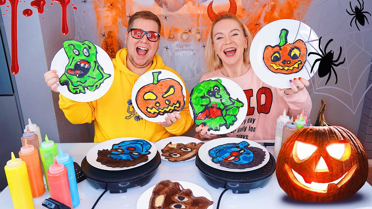 БЛИННЫЙ ЧЕЛЛЕНДЖ на ХЭЛЛОУИН ☠️ HALLOWEEN PANCAKE ART CHALLENGE DIY // Нарисуй и Испеки ?