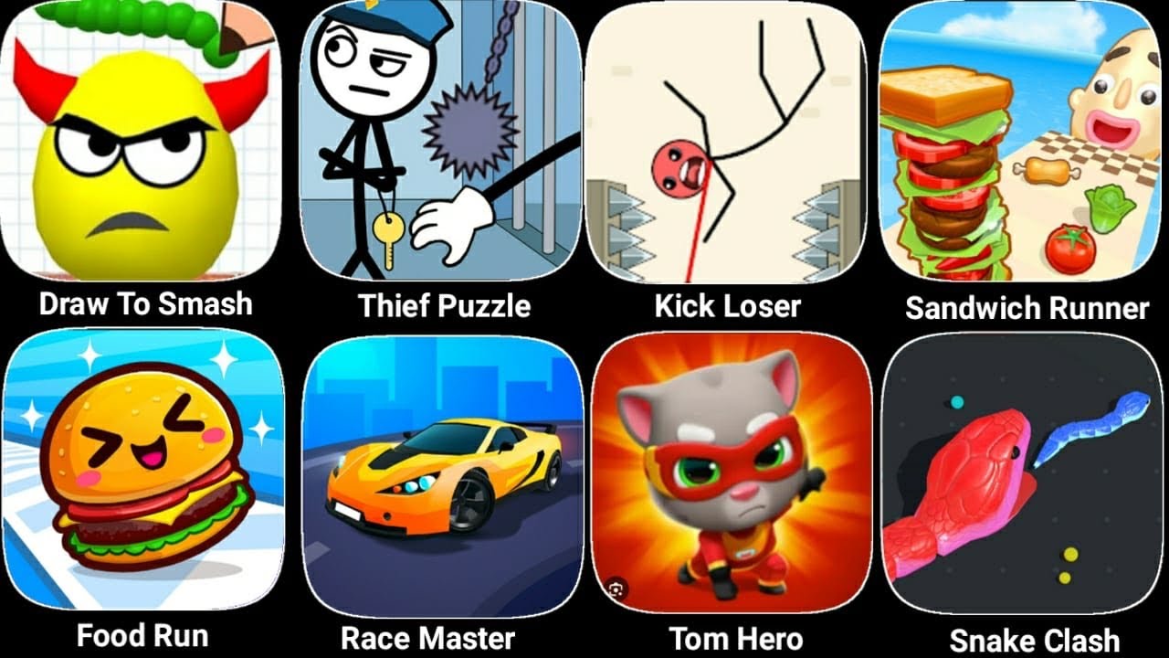 Draw to smash,Stealing game ,Tom hero,Kick Loser,Snake Clash,Food Run,Sandwich Runner,Race Master 