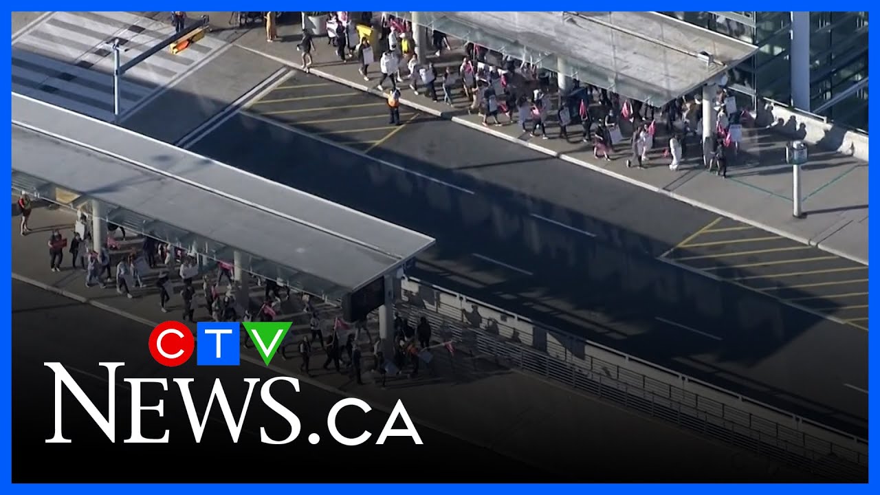 Flight attendants with Air Canada strike outside Toronto's Pearson Airport | AERIAL VIEW