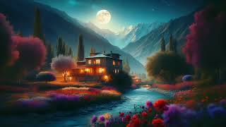 Night Nature,ASMR,Ambiance view of the house next to river,in the village,Full Moon,Relaxation,AFG9