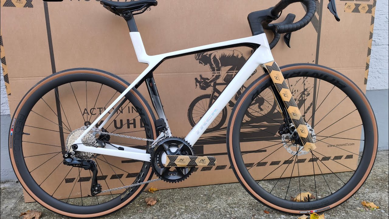 The white Trek Madone SL6 road bike. First moment after unboxing