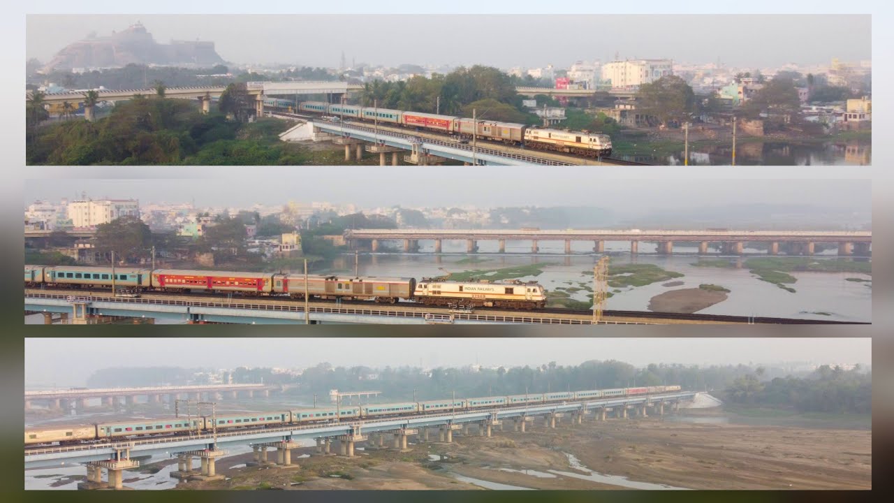 Pallavan superfast express crosses Trichy Kaveri river bridge with Malaikottai in the background