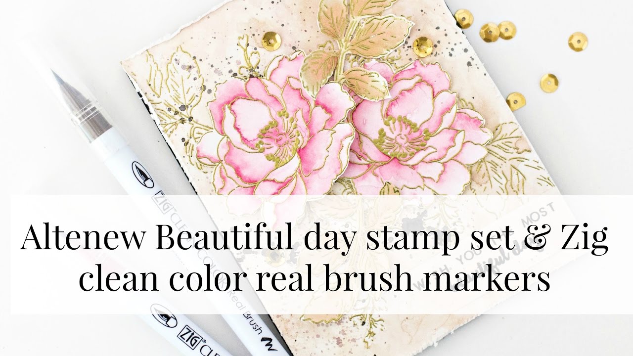 Coloring Altenew stamp with Zig clean color real brush markers - YouTube