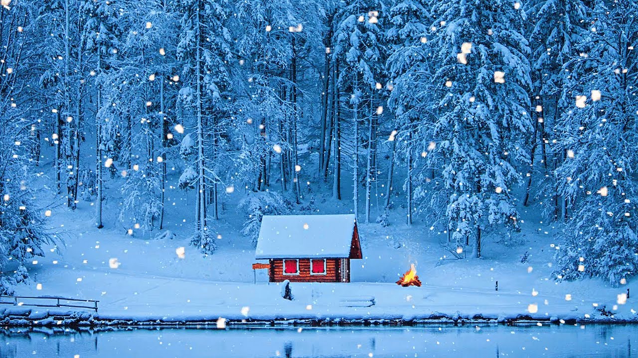 Cozy Winter Cabin in the Woods with Bonfire, Snow Falling & Blizzard ...