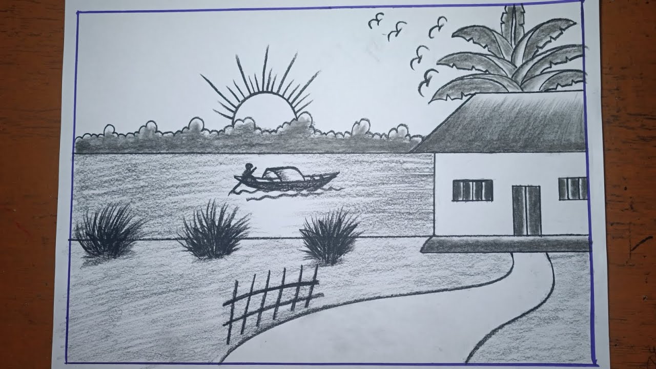 Village Drawing Easy Step by Step/Prakritik Drishya Drawing Easy/How To Make a Beautiful Scenery