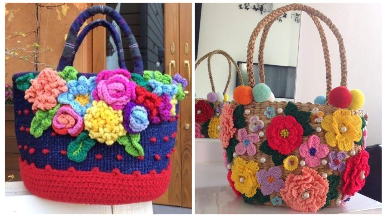 Handmade Crochet Bags Knitting Bags Colourful flowers With Embroidery