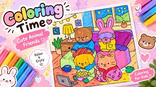 Cozy Night Coloring 🐻🐰✨ | Cute Animal Friends Coloring Page