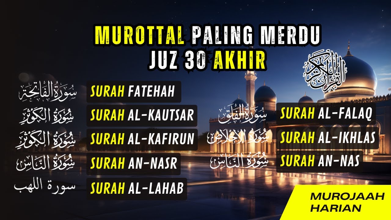 Ayat Kursi, Alfatehah, AL-Kautsar, Al-Kafirun, An-nasr, Al-Lahab, Al-Falaq, An-Nas Bacaan Alquran