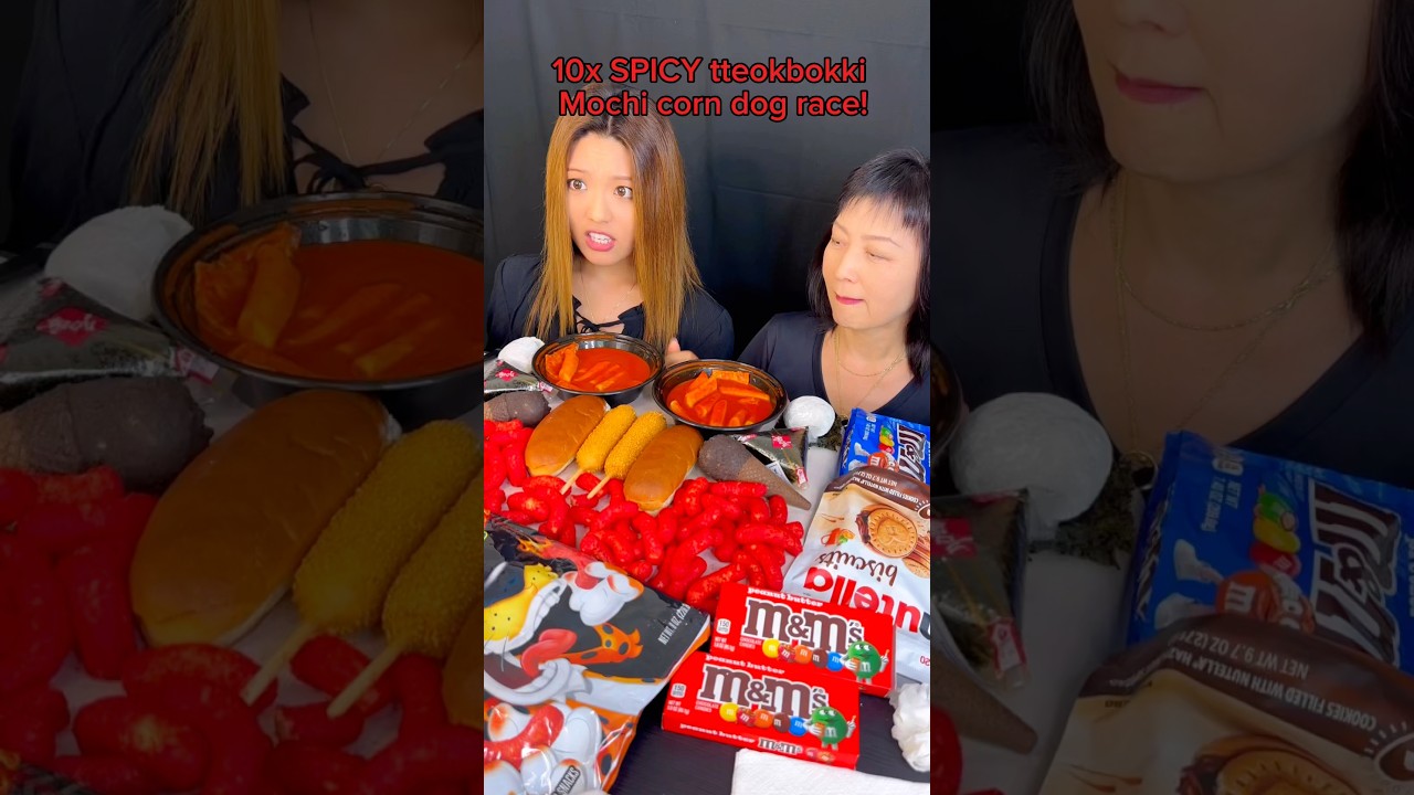 10x spicy tteokbokki and mochi corn dog race! 