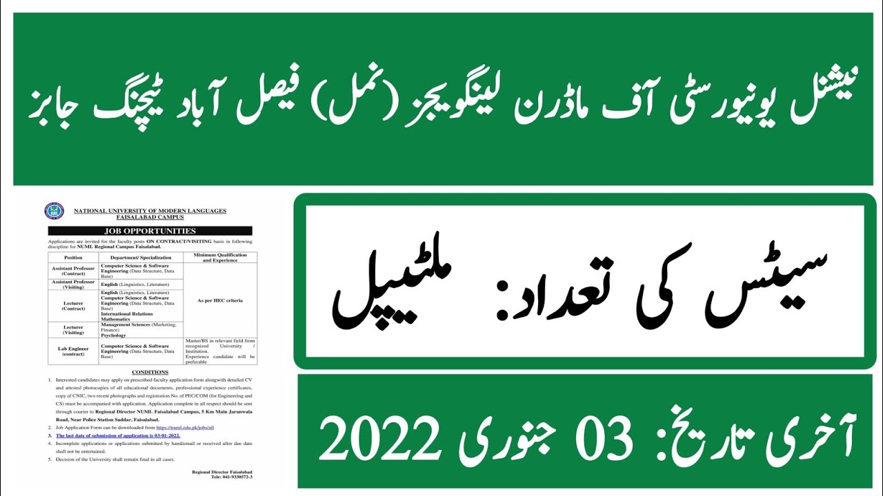 National University Of Modern Languages (NUML) Faisalabad Teaching Jobs 2022