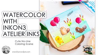 Watercoloring with InkOn3 Atelier Inks | No-Line Coloring Cute Scene Card