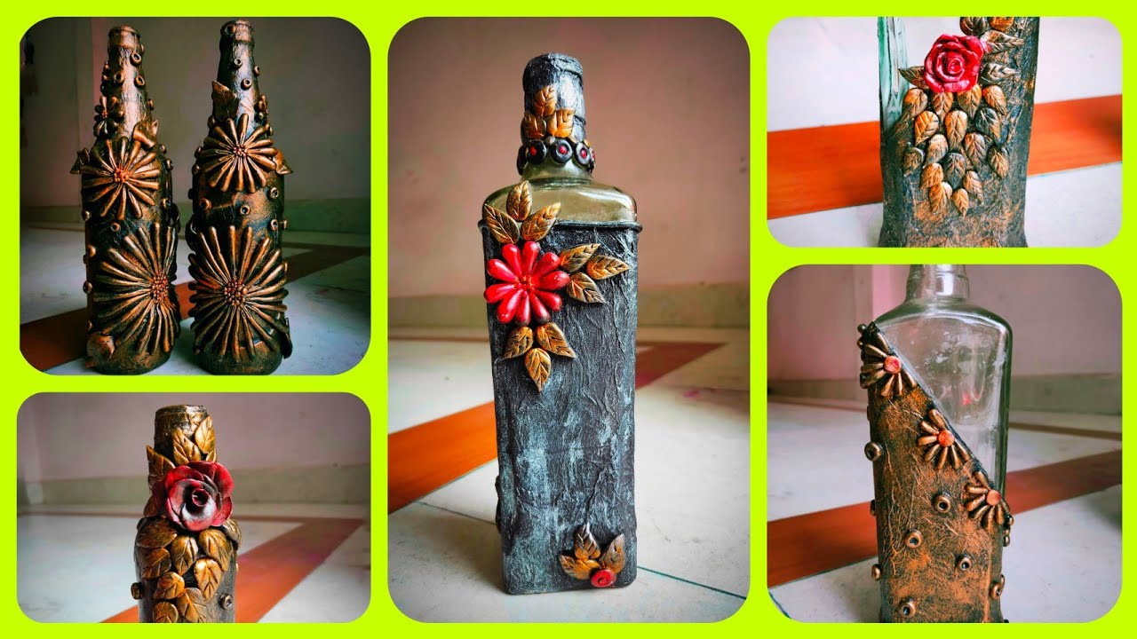 bottle art idea Bottle decoration/clay modeling design/Wine bottle craft/ Art and craft / Best reuse