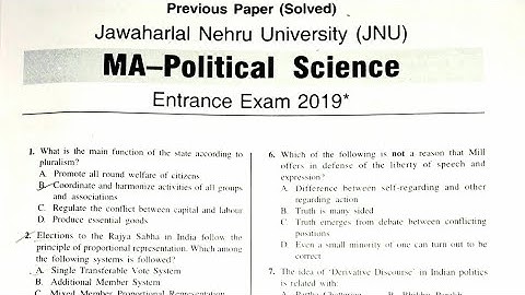 Jawaharlal Nehru University (JNU) | MA-Political Science | Entrance exam 2021|previous yearquestion