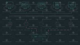 Animated display depicting computer systems processing complex data streams