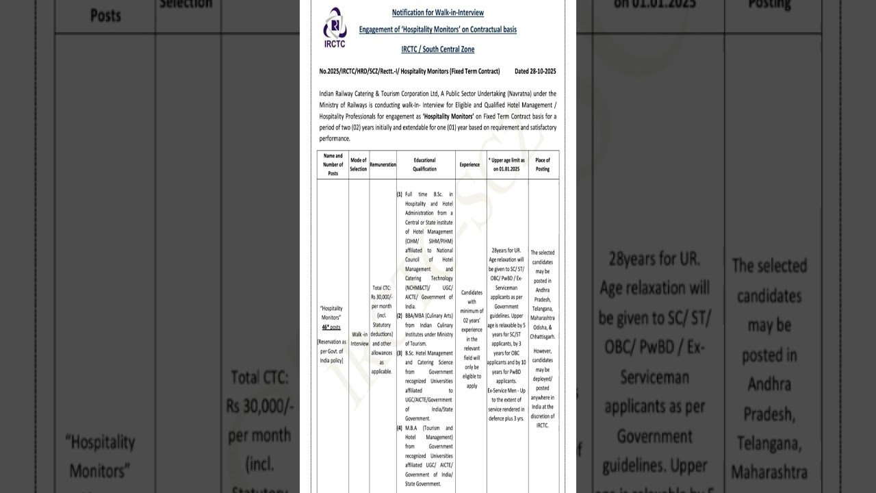 IRCTC RECRUITMENT 2025