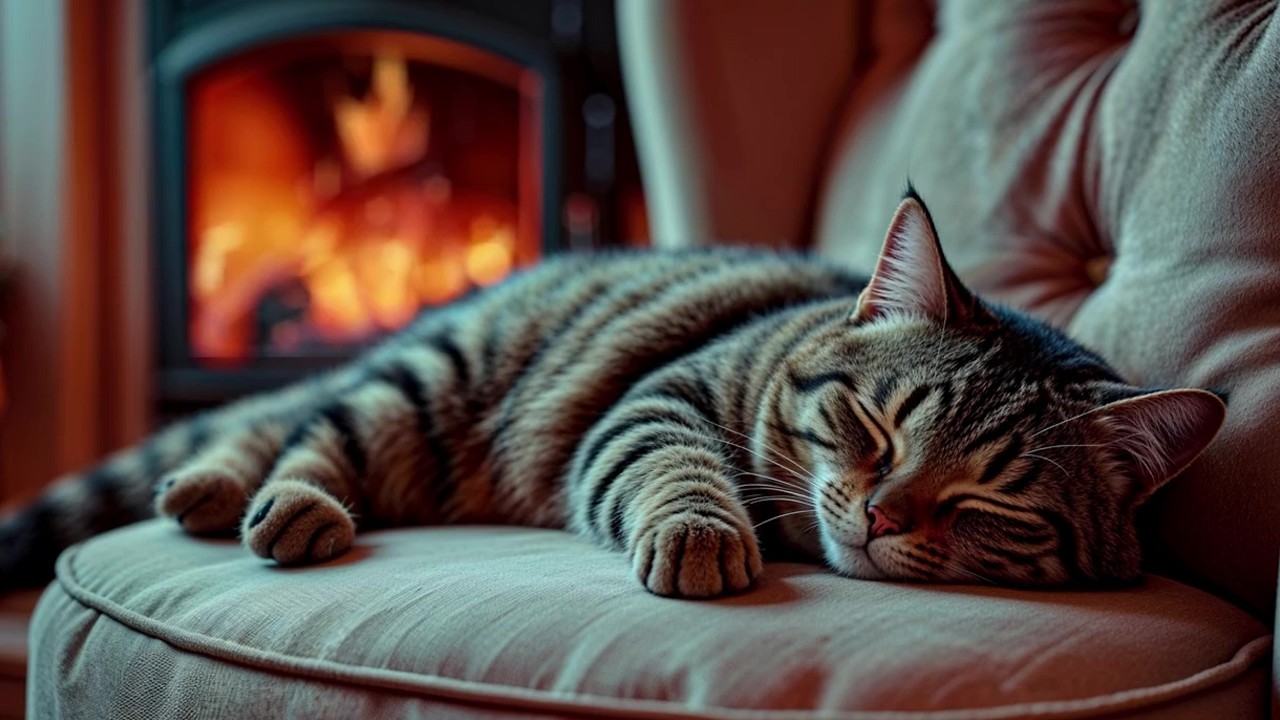 🔥 Cozy Fireplace, cat purring 4K. (11 HOUR) Fireplace with Crackling Fire Sounds.