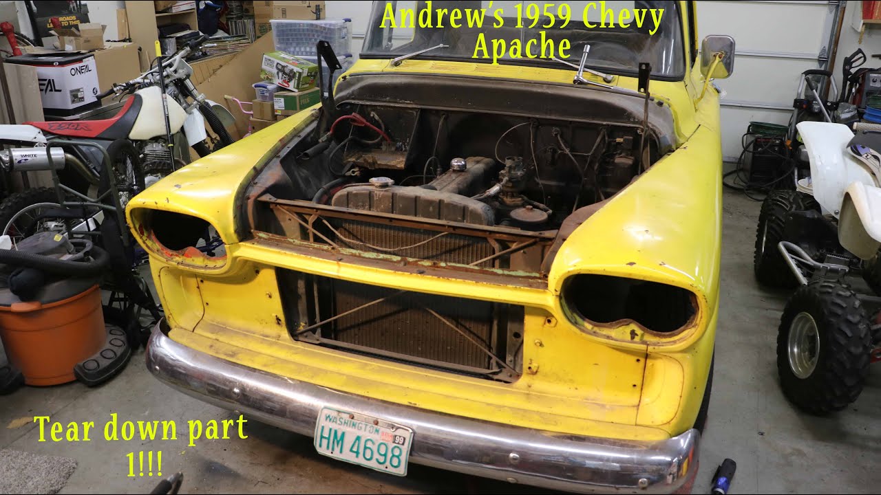 Andrew's 1959  Chevy Apache Tear Down Part 1 || (Headlights, Radiator cowl, Grille)