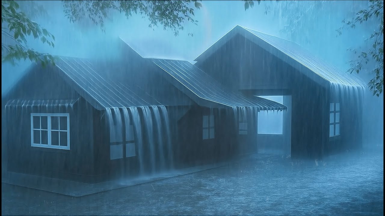 Soft Rain and Thunder Outside Wooden Cabin Surrounded by Dense Misty Forest