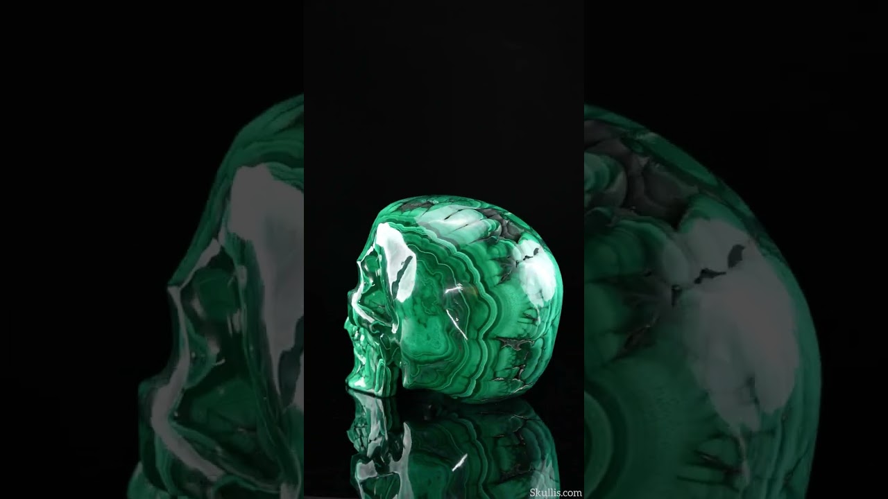 Amazing Lifesized 8.7" Malachite Hand Carved Crystal Skull, Super Realistic, Crystal Healing