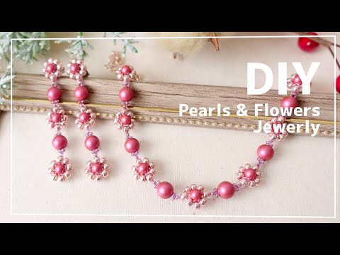 DIY🌸大人パールと花のブレスレット🌸作り方♪ピアスも！花編み テグス