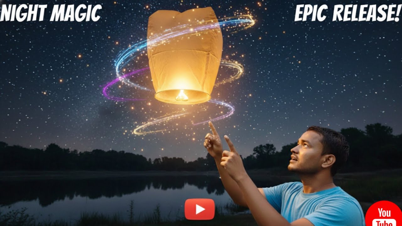 Releasing a paper sky lantern at night.