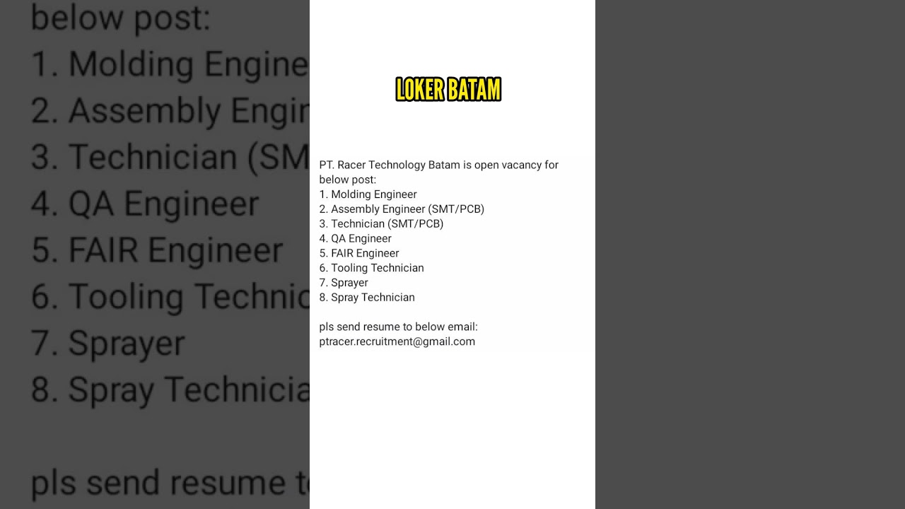 Loker Batam Hari Ini PT RACER TECHNOLOGY BATAM 